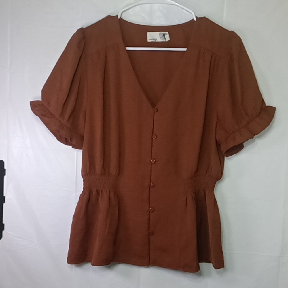 Everleigh Poplin Top Women's Medium Rust V-Neck Short Sleeve